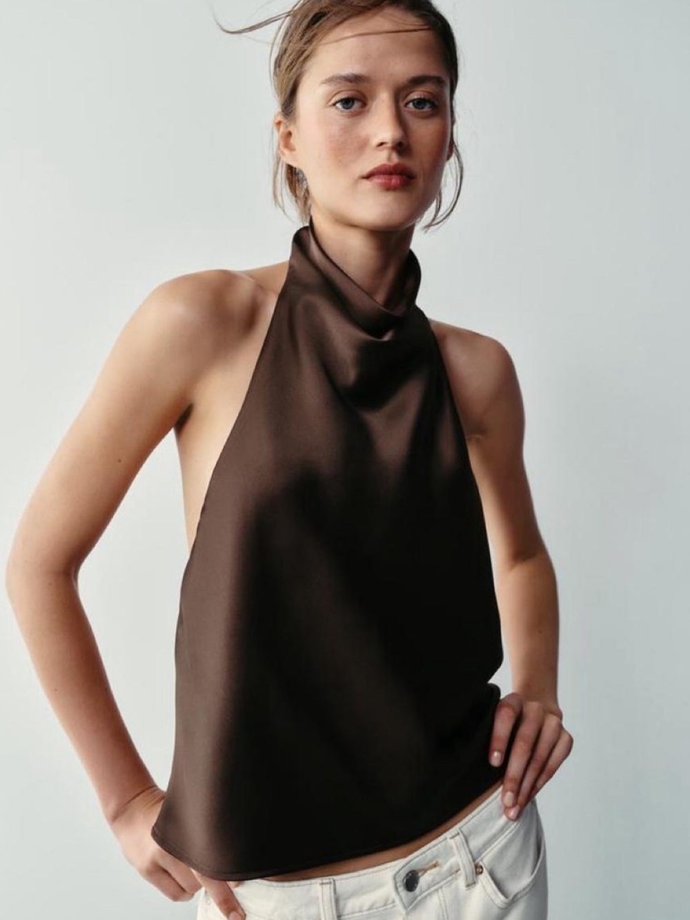 Zara Satin Halter Neck Top in Dark Brown